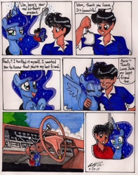 Size: 1508x1913 | Tagged: safe, artist:newyorkx3, imported from derpibooru, princess luna, oc, oc:tommy, human, car, comic, dialogue, traditional art