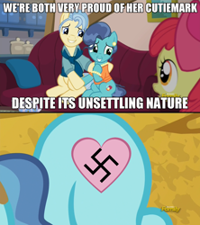 Size: 1280x1444 | Tagged: safe, edit, edited screencap, imported from derpibooru, screencap, apple bloom, mr. paleo, mrs. paleo, petunia paleo, pony, the fault in our cutie marks, comic, exploitable meme, heart, implied aryanne, meme, nazi, petunia paleo's unsettling cutie mark, screencap comic, swastika, vile