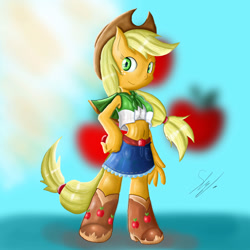 Size: 2000x2000 | Tagged: safe, artist:shogundun, imported from derpibooru, applejack, anthro, ambiguous facial structure, belly button, boots, clothes, cowboy hat, denim skirt, drawing, equestria girls outfit, hat, midriff, skirt, stetson