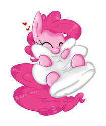 Size: 1584x1883 | Tagged: safe, artist:cupofjavabean, artist:leadhooves, artist:shogundun, imported from derpibooru, pinkie pie, pony, biting, cuddling, cute, diapinkes, drawing, eyes closed, female, heart, pillow, simple background, snuggling, solo, white background