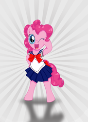 Size: 2372x3276 | Tagged: dead source, safe, artist:shogundun, imported from derpibooru, pinkie pie, pony, bipedal, clothes, cosplay, costume, crossover, cute, diapinkes, female, one eye closed, open mouth, sailor laughter, sailor moon, solo, sunburst background, wink