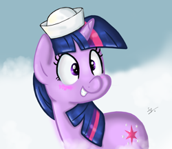 Size: 1280x1106 | Tagged: dead source, safe, artist:php17, artist:shogundun, imported from derpibooru, twilight sparkle, drawing, hat, sailor, sailor hat, smiling, trace