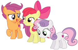 Size: 4725x3044 | Tagged: safe, artist:sketchmcreations, imported from derpibooru, apple bloom, scootaloo, sweetie belle, earth pony, pegasus, pony, unicorn, the fault in our cutie marks, apple bloom's bow, bow, cutie mark, cutie mark crusaders, female, filly, foal, grin, gritted teeth, hair bow, looking at each other, looking at someone, looking down, open mouth, raised hoof, simple background, smiling, spread wings, teeth, the cmc's cutie marks, transparent background, vector, wings