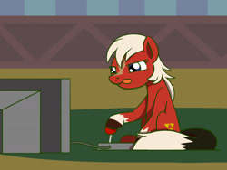 Size: 1280x960 | Tagged: safe, artist:flutterluv, imported from derpibooru, earth pony, pony, atg 2016, controller, epona, female, gaming, joystick, mare, newbie artist training grounds, playing, ponified, solo, television, the legend of zelda, tongue out