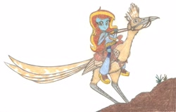 Size: 2274x1443 | Tagged: safe, artist:smcho1014, deleted from derpibooru, imported from derpibooru, oc, oc only, oc:ilovekimpossiblealot, bird, roadrunner, equestria girls, colored pencil drawing, female, reins, riding, roadrunner ride, saddle, simple background, tack, traditional art, white background