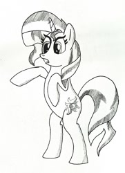 Size: 456x629 | Tagged: safe, artist:slasher0001, imported from derpibooru, sunset shimmer, pony, unicorn, female, monochrome, newbie artist training grounds, solo