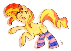 Size: 513x373 | Tagged: safe, artist:slasher0001, imported from derpibooru, sunset shimmer, pony, unicorn, equestria girls, clothes, female, sleeping, socks, solo, striped socks
