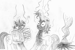 Size: 999x665 | Tagged: safe, artist:t72b, derpibooru exclusive, imported from derpibooru, starlight glimmer, twilight sparkle, twilight sparkle (alicorn), alicorn, pony, book, burned, explosion, magic, monochrome, newbie artist training grounds, smoke, traditional art
