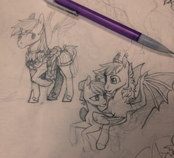 Size: 1280x1162 | Tagged: safe, artist:amphoera, imported from derpibooru, oc, oc only, oc:shaddie quindecim, oc:storm surge, oc:venti via, sketch, traditional art