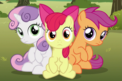 Size: 915x604 | Tagged: safe, imported from derpibooru, screencap, apple bloom, scootaloo, sweetie belle, earth pony, pegasus, pony, unicorn, the fault in our cutie marks, adorabloom, cute, cutealoo, cutie mark crusaders, diasweetes, female, filly, looking at you, sitting, sweetie belle's stare