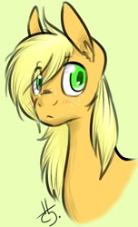 Size: 829x1365 | Tagged: safe, artist:kyanchan, imported from derpibooru, applejack, bust, female, missing accessory, portrait, solo