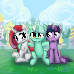 Size: 800x800 | Tagged: dead source, safe, artist:versimer, imported from derpibooru, lyra heartstrings, moondancer, twilight sparkle, pony, unicorn, fanfic:background pony, canterlot, fanfic, fanfic art, filly, hug, smiling, trio, younger