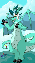 Size: 850x1500 | Tagged: safe, artist:dragonpone, derpibooru exclusive, imported from derpibooru, bon bon, lyra heartstrings, princess ember, sweetie drops, dragon, pony, angry, bloodstone scepter, blushing, dragon lord lyra, dragonified, female, heart, lesbian, lidded eyes, looking at each other, lyrabon, mare, shipping, size difference, species swap