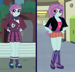 Size: 900x865 | Tagged: safe, artist:trainman3985, imported from derpibooru, sunny flare, equestria girls, friendship games, alternate clothes, alternate costumes, alternate universe, big breasts, breasts, busty sunny flare, cleavage, clothes, comparison, female, shadowbolts costume, solo