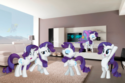 Size: 1034x689 | Tagged: safe, artist:appleandmuffin, artist:kittita, artist:psyxofthoros, artist:purplefairy456, artist:quanno3, artist:videogamesizzle, imported from derpibooru, derpy hooves, rarity, pegasus, pony, apartment, bipedal, commonity, female, gossamer wings, irl, living room, mare, multeity, photo, ponies in real life, vector