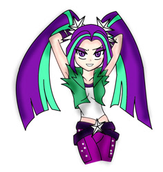 Size: 1024x1086 | Tagged: safe, artist:theodrawsforyou, imported from derpibooru, aria blaze, equestria girls, armpits, belt, bracelet, clothes, dancing, female, human coloration, jewelry, looking at you, midriff, pants, solo