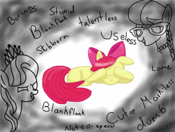 Size: 2400x1800 | Tagged: safe, artist:icyfire888, imported from derpibooru, apple bloom, diamond tiara, silver spoon, pony, abuse, applebuse, bully, bullying, this will end in school shooting