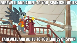 Size: 888x499 | Tagged: safe, edit, edited screencap, imported from derpibooru, screencap, gabby, griffon, the fault in our cutie marks, caption, gabby's shanty, jaws, meme, sea shanty, spanish ladies