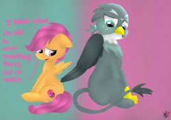 Size: 1000x700 | Tagged: safe, artist:coolpup126, imported from derpibooru, gabby, scootaloo, griffon, the fault in our cutie marks, cutie mark, scene interpretation, sitting, the cmc's cutie marks