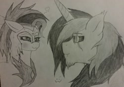 Size: 2566x1806 | Tagged: safe, artist:teardrop, imported from derpibooru, oc, oc:issac, oc:sylvia, earth pony, pony, unicorn, armor, cute, female, guardsmare, male, mare, monochrome, my little pony, royal guard, stallion, traditional art