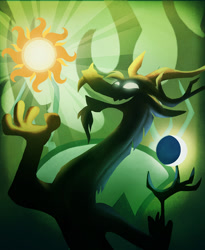 Size: 960x1173 | Tagged: safe, artist:anima-dos, imported from derpibooru, discord, draconequus, abstract background, fanfic art, green background, male, moon, simple background, solo, sun