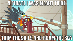 Size: 1280x720 | Tagged: safe, edit, edited screencap, imported from derpibooru, screencap, gabby, griffon, the fault in our cutie marks, exploitable meme, female, gabby's shanty, image macro, lifejacket, meme, monkey island, pirate, ship, solo