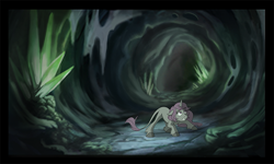 Size: 707x423 | Tagged: dead source, safe, artist:anima-dos, imported from derpibooru, princess celestia, classical unicorn, pony, unicorn, cave, dark, fanfic art, female, leonine tail, pink-mane celestia, race swap, scared, solo, tartarus, tunnel, unicorn celestia, younger