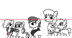 Size: 1118x600 | Tagged: safe, artist:ficficponyfic, edit, imported from derpibooru, oc, oc only, oc:emerald jewel, oc:giles pecan, oc:hope blossoms, oc:praline, pony, colt quest, amulet, backpack, braid, braided tail, child, clothes, colt, cute, female, filly, flower, flower in hair, foal, frown, hair over one eye, height difference, line-up, male, mare, ponytail, robe, scowl, size chart, size comparison, stallion, teenager