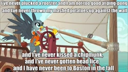 Size: 960x540 | Tagged: source needed, safe, edit, edited screencap, imported from derpibooru, screencap, gabby, griffon, season 6, the fault in our cutie marks, caption, cute, gabby's shanty, gabbybetes, image macro, lifejacket, meme, sea shanty, silly songs, song in the comments, the pirates who don't do anything, veggietales