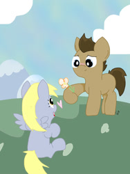 Size: 1500x2000 | Tagged: safe, artist:kalie0216, imported from derpibooru, derpy hooves, doctor whooves, time turner, blank flank, blushing, colt, crush, doctorderpy, filly, flower, heart, male, shipping, straight, younger