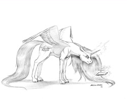 Size: 1300x1014 | Tagged: safe, artist:baron engel, imported from derpibooru, oc, oc only, oc:etherea, alicorn, pony, fanfic:to love a mare, alicorn oc, fanfic, fanfic art, female, magic, monochrome, pencil drawing, simple background, solo, spread wings, tablet, traditional art, white background