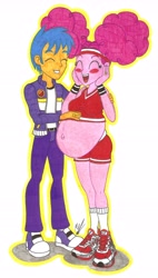 Size: 3730x6571 | Tagged: safe, artist:metaldudepl666, imported from derpibooru, pinkie pie, oc, oc:rob stallion, buckball season, equestria girls, blushing, buckball, canon x oc, clothes, cute, excited, happy, jacket, jeans, male, pants, pinktails pie, preggy pie, pregnant, ring, self insert, shipping, shorts, smiling, sneakers, socks, straight, tanktop, traditional art, wedding ring