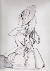 Size: 1659x2325 | Tagged: safe, artist:scribblepwn3, imported from derpibooru, applejack, pony, bipedal, female, ink, lasso, monochrome, pen drawing, solo, standing, traditional art