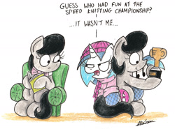 Size: 1952x1448 | Tagged: safe, artist:bobthedalek, imported from derpibooru, dj pon-3, octavia melody, vinyl scratch, oc, oc:mixed melody, oc:octavia's mother, earth pony, pony, unicorn, boots, carrying, clothes, hat, scarf, sweater, traditional art, trophy, unamused, vinyl is not amused, vinyl scratch is not amused