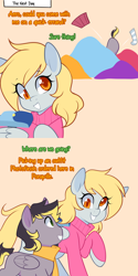 Size: 1280x2560 | Tagged: safe, artist:senseidezzy, deleted from derpibooru, imported from derpibooru, imported from ponybooru, derpy hooves, oc, oc:aero, pegasus, pony, comic:when aero met glitter, aero replies, ass up, bag, blank flank, clothes, colt, comic, face down ass up, female, male, mare, mother and child, mother and son, offspring, orange background, parent:derpy hooves, parent:oc:warden, parents:canon x oc, parents:warderp, pleated skirt, ponerpics import, saddle bag, scarf, simple background, skirt, sock, sweater