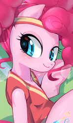 Size: 412x694 | Tagged: safe, artist:chigusa, imported from derpibooru, pinkie pie, pony, buckball season, clothes, cropcon, cute, explicit source, female, looking at you, pinktails pie, solo