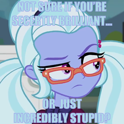 Size: 550x550 | Tagged: safe, imported from derpibooru, sugarcoat, equestria girls, friendship games, clothes, crystal prep academy uniform, crystal prep shadowbolts, glasses, looking away, meme, misspelling, not sure if, raised eyebrow, school uniform