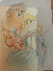 Size: 2448x3264 | Tagged: safe, artist:elirunes, imported from derpibooru, derpy hooves, doctor whooves, time turner, pegasus, pony, blushing, clothes, doctorderpy, dress, female, male, mare, shipping, straight, traditional art