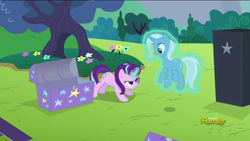 Size: 1280x720 | Tagged: safe, imported from derpibooru, screencap, starlight glimmer, trixie, pony, no second prances, discovery family logo, levitation, magic, telekinesis