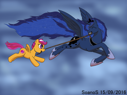 Size: 1024x768 | Tagged: safe, artist:soanos, imported from derpibooru, princess luna, scootaloo, alicorn, pegasus, pony, cloud, cloudy, cutie mark, flying, mouth hold, rope, scootaloo can fly, scootalove, the cmc's cutie marks