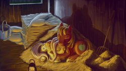 Size: 1920x1080 | Tagged: safe, artist:ponytron5000, imported from derpibooru, big macintosh, fluttershy, earth pony, pony, barn, dark, fluttermac, glow, glowing, hay, lamp, male, night, shipping, sleeping, snuggling, stallion, straight