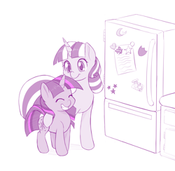 Size: 1100x1075 | Tagged: safe, artist:dstears, imported from derpibooru, twilight sparkle, twilight velvet, pony, unicorn, adorkable, cute, dork, eyes closed, female, filly, filly twilight sparkle, mare, mother and daughter, newbie artist training grounds, refrigerator, simple background, smiling, twiabetes, velvetbetes, white background