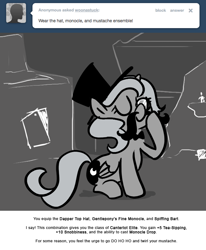 Size: 666x809 | Tagged: safe, artist:egophiliac, imported from derpibooru, princess luna, moonstuck, cute, facial hair, fake moustache, filly, hat, monochrome, monocle, moustache, top hat, tumblr, woona, younger