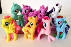 Size: 1280x853 | Tagged: safe, imported from derpibooru, applejack, fluttershy, lyra heartstrings, pinkie pie, rainbow dash, rarity, twilight sparkle, alicorn, pony, doll, female, irl, mane six, photo, taobao, toy, twilight sparkle (alicorn)