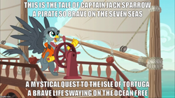 Size: 888x499 | Tagged: safe, artist:bronybyexception, edit, edited screencap, imported from derpibooru, screencap, gabby, griffon, captain jack sparrow, caption, cute, female, gabby's shanty, gabbybetes, image macro, meme, michael bolton, pirates of the caribbean, saturday night live, solo, the lonely island