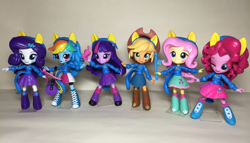 Size: 2000x1147 | Tagged: safe, artist:fromamida, imported from derpibooru, applejack, fluttershy, pinkie pie, rainbow dash, rarity, twilight sparkle, equestria girls, clothes, custom, customized toy, doll, equestria girls minis, irl, mane six, photo, skirt, toy, twilight sparkle (alicorn)