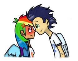 Size: 338x265 | Tagged: safe, artist:sisirr, imported from derpibooru, rainbow dash, soarin', human, blushing, cross-popping veins, humanized, male, shipping, soarindash, straight, tsunderainbow, tsundere