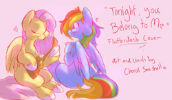 Size: 1023x597 | Tagged: safe, artist:shellielle, deleted from derpibooru, imported from derpibooru, fluttershy, rainbow dash, pony, cover art, female, flutterdash, lesbian, mare, shipping