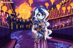 Size: 1125x750 | Tagged: safe, artist:lumineko, imported from derpibooru, princess luna, alicorn, human, pony, equestria girls, building, cheongsam, chinese, chinese dress, clothes, cookie, cute, eating, eyes closed, female, filly, filly luna, food, hnnng, holding a pony, human ponidox, lantern, lantern festival, lumineko is trying to murder us, lunabetes, mid-autumn festival, mooncake, night sky, nom, paper lantern, patreon, patreon logo, s1 luna, self paradox, self ponidox, smiling, vice principal luna, weapons-grade cute, woona, young, younger