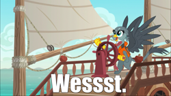 Size: 1920x1080 | Tagged: safe, edit, edited screencap, imported from derpibooru, screencap, gabby, griffon, the fault in our cutie marks, caption, cute, directions, female, gabby's shanty, gabbybetes, image macro, lifejacket, meme, ocean, sailing, ship, solo, the marvelous misadventures of flapjack, this will end in tears, west